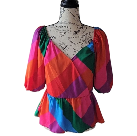 Skies Are Blue Anahi Rainbow Stripe Surplice Blouse Size S Colorful Peplum Top - Picture 8 of 9